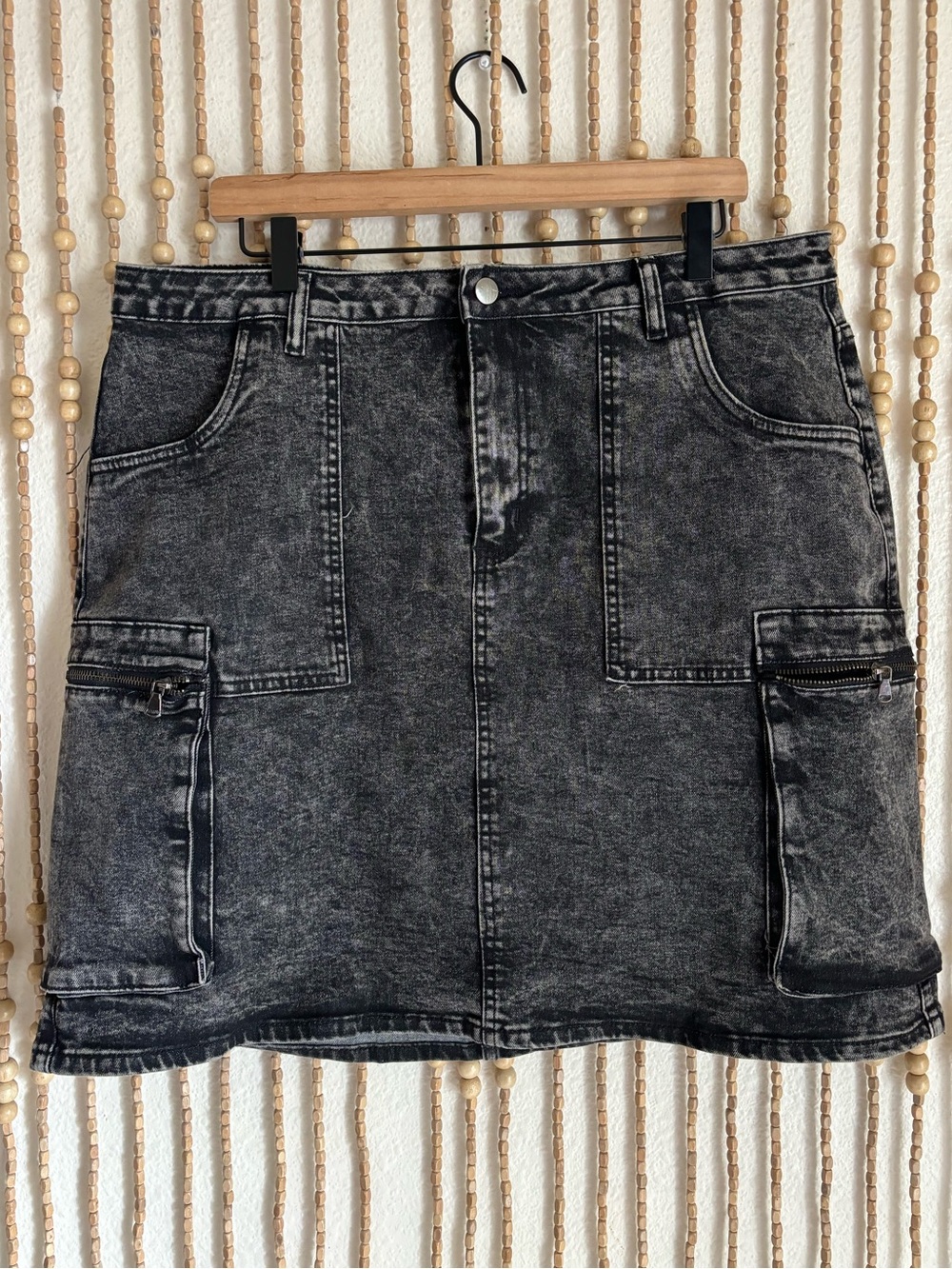 American Bazi Black Cargo Stretchy Mini Denim Skirt Y2K Glam Boho Grunge 2x